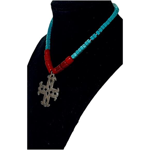 VTG Native American Turquoise & Red Coral Cross Necklace Sterling Silver Pendant - Picture 3 of 15